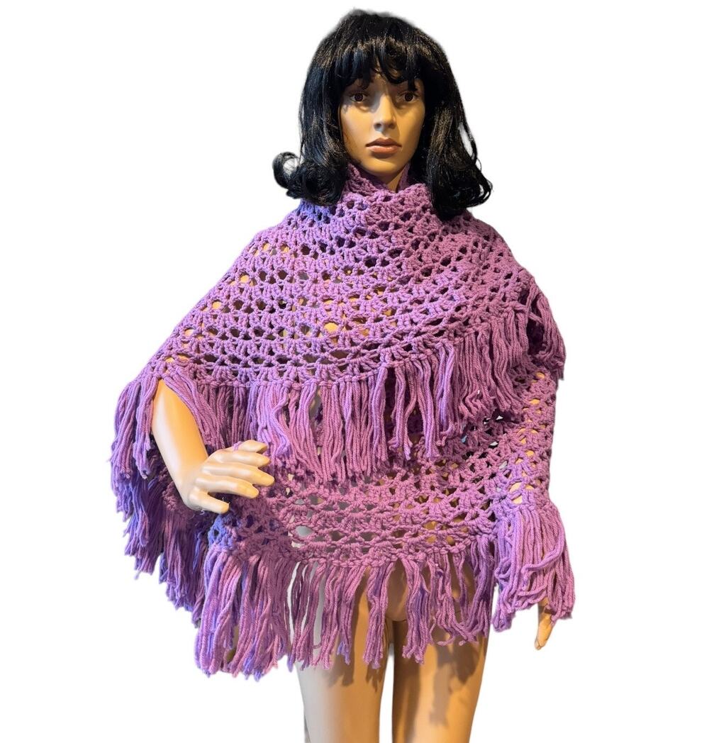 OOAK Vintage Large Hand Crocheted shawl with fringe in purple